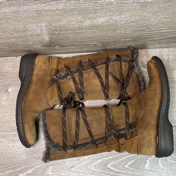 Clarks Avington Hayes Warm Tan Suede Women’s Sz 6.5M Tall Lace Up Faux Fur Boots - Picture 9 of 12